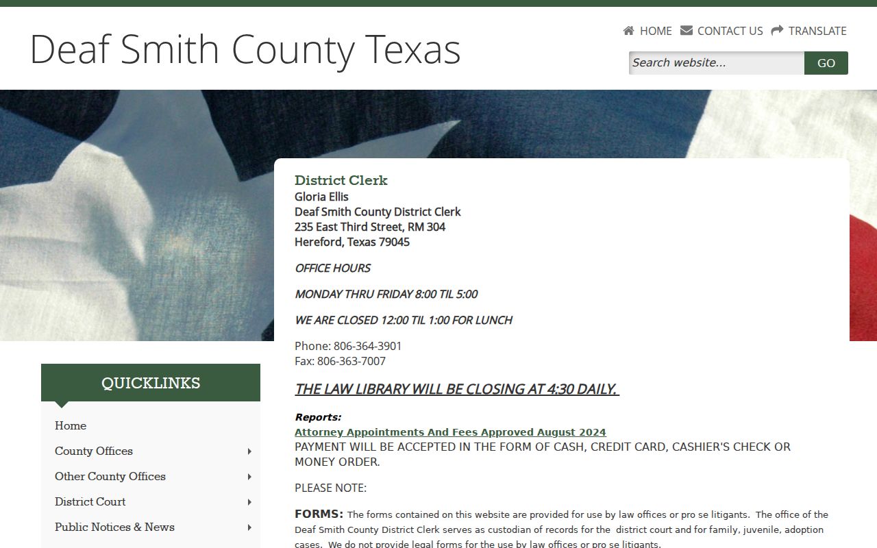 Deaf Smith County criminal case records on the District Clerk page