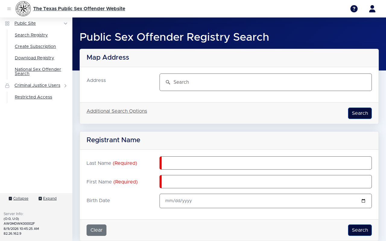 Deaf Smith County sex offender registry search fields on the Texas DPS portal