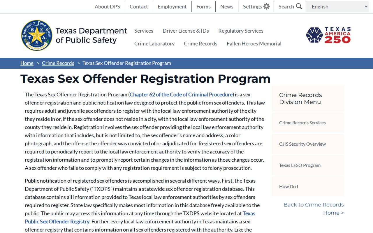 Texas DPS sex offender registration program information for Deaf Smith County