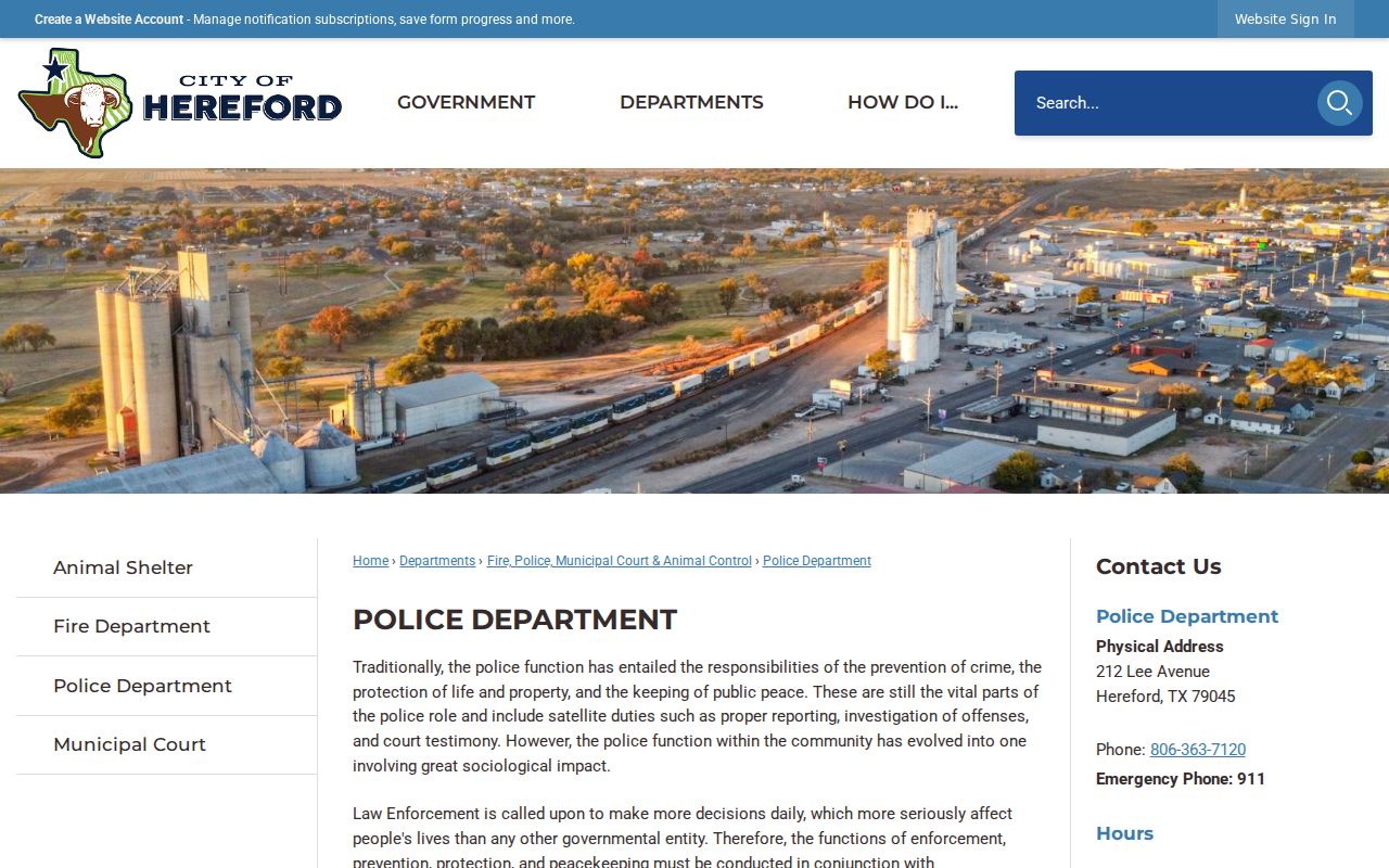 Hereford Police Department source page for city criminal history and police records